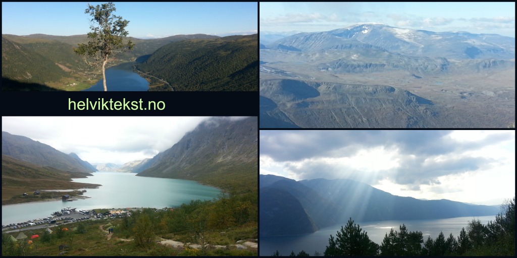 Bilete 1: Vatn i botnen av ein dal, bilete 2: Utsikt over eit vatn/innsjø og mange telt, bilete 3: Utsikt over fjell og dalar, bilete 4: Sola bryt gjennom skydekket og ned på fjorden, som ligg mellom fjell.