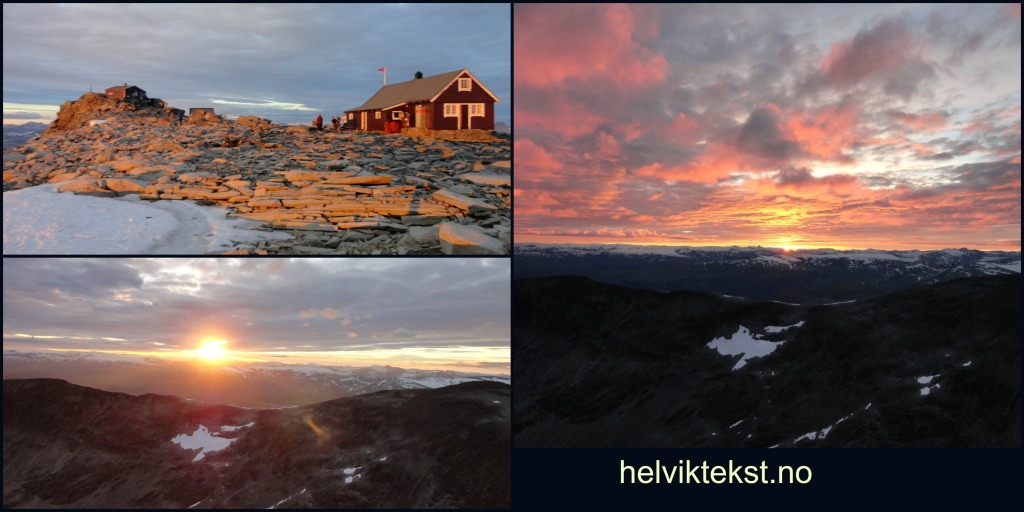 Bilete 1: Ei raud hytte på ei steinrøys, bada i dei siste solstålane for dagen, bilete 2: Ein fjellrygg i solnedgang, bilete 3: Solnedgang.