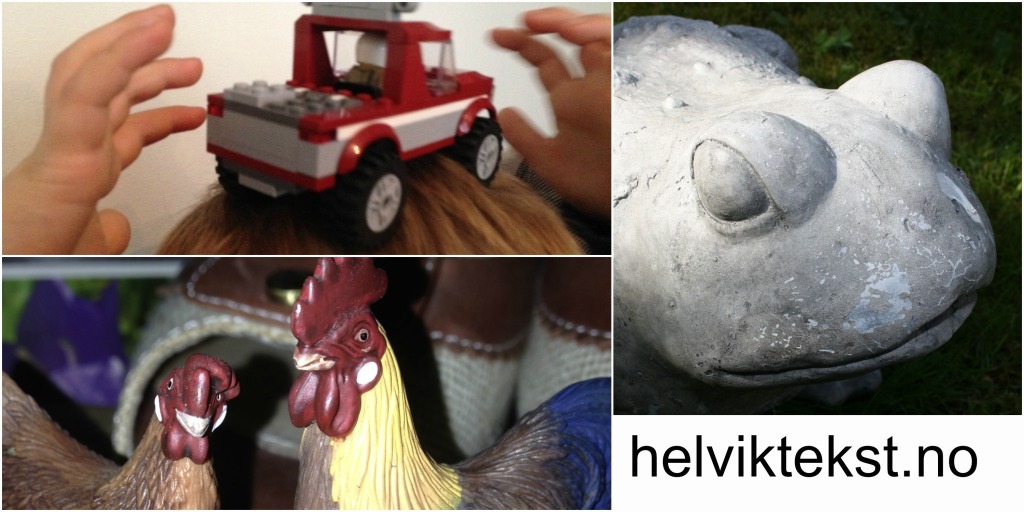 Bilete av ein legobil på hovudet til ein unge, med hendene rundt. Bilete av ei høne og ein hane i plast. Bilete av ein hagefrosk.