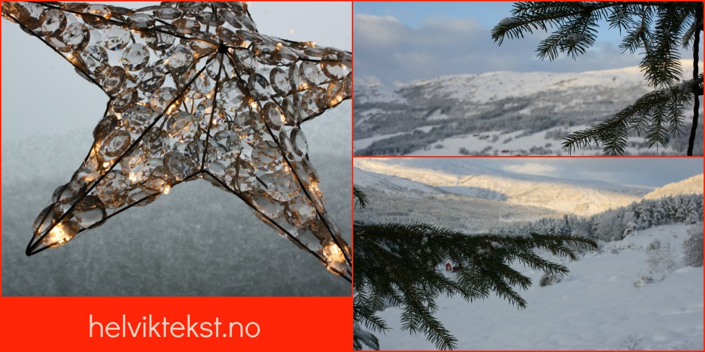 Bilete av ei adventsstjerne og snødekte fjell.