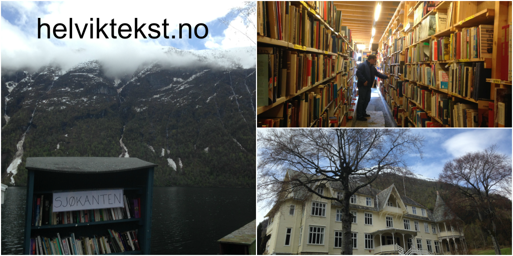 Bilete av eit stort, kvitt hotell, ei utsalsbu ved fjorden og hyllemeter med bøker.