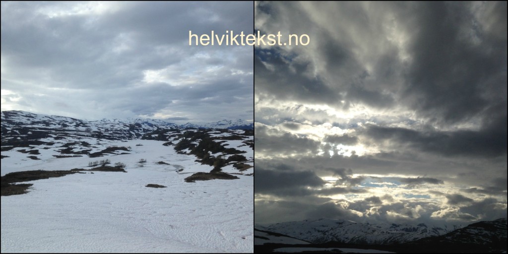 Lanskapsbilete av snø i fjellet.