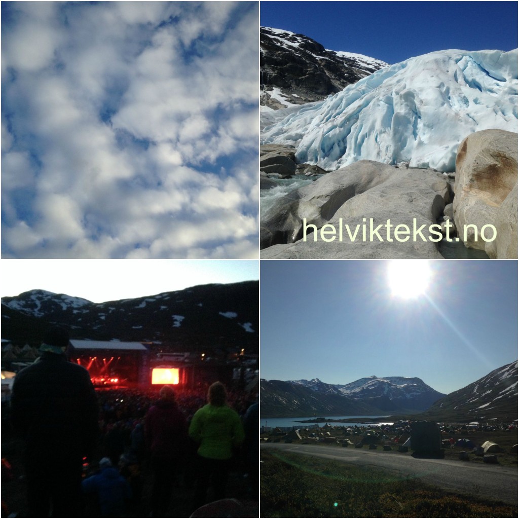 Bilete av ein skya himmel, ei festivalscene, Nigardsbreen og ein teltleir.