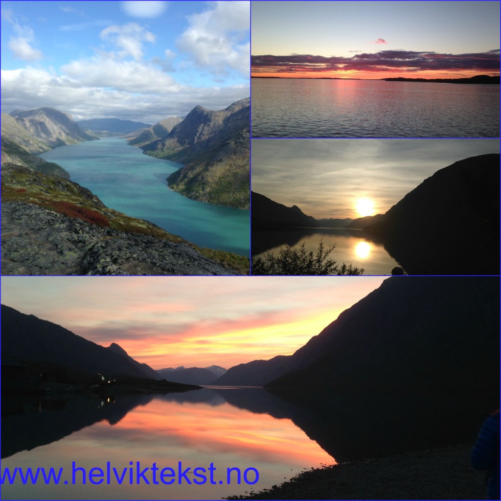 Bilete av fjellvatn, hav og solnedgongar.