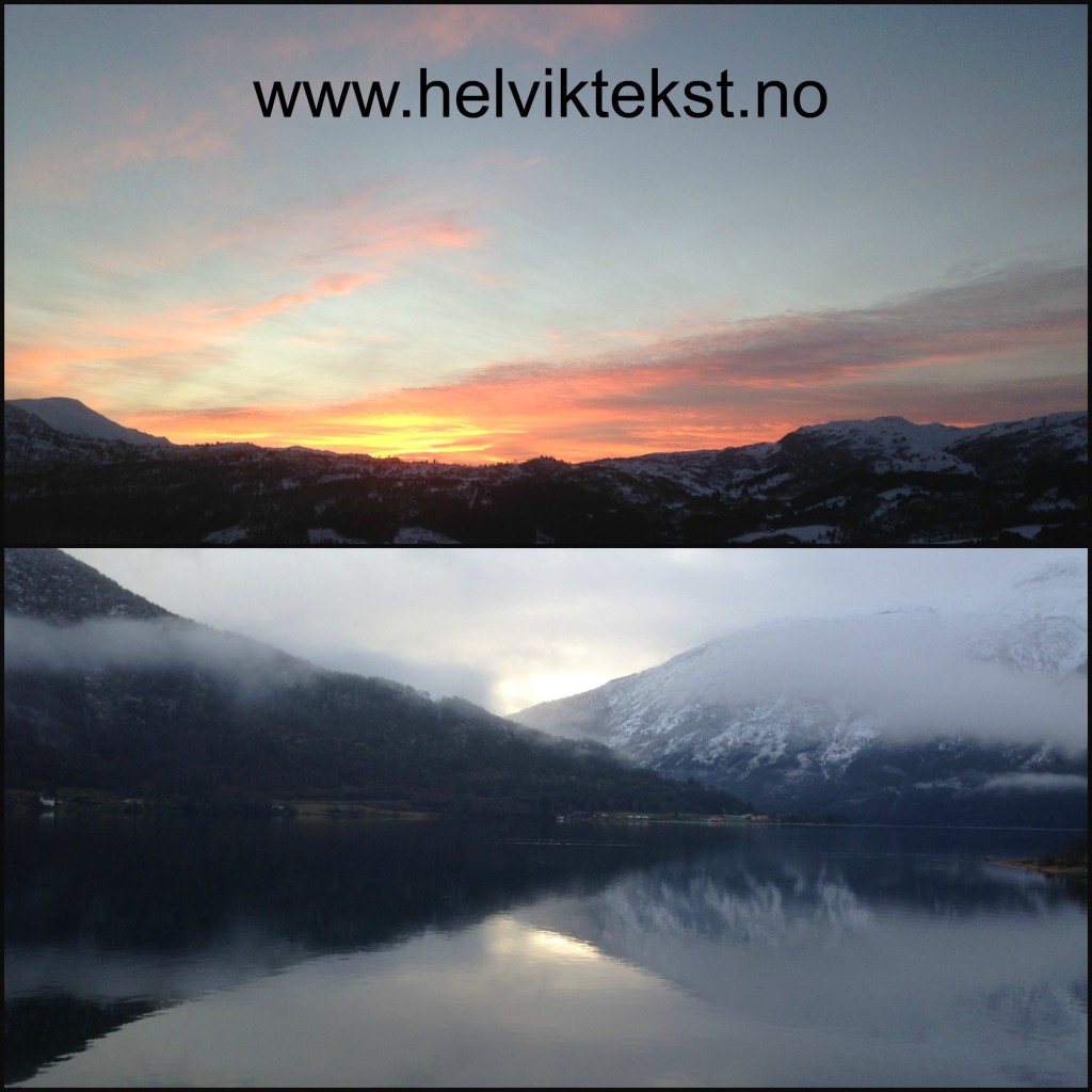 Bilete av ein solnedgong over eit snøkledd fjell (Sogndalsdalen) og av eit snøkledd fjell som speglar seg i Sognefjorden.